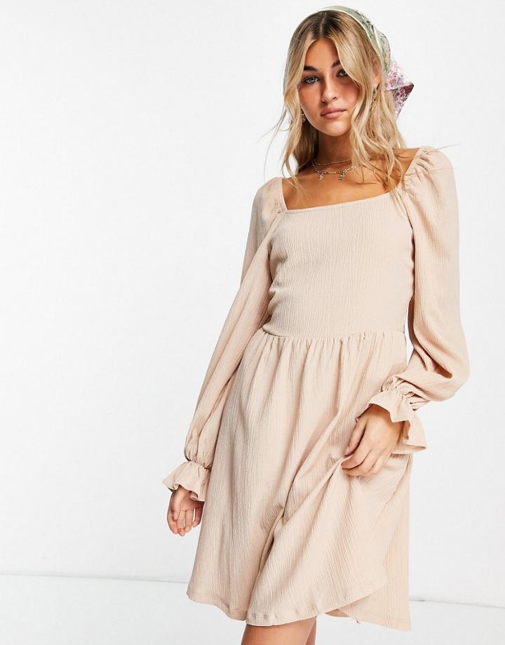 Vila Long Sleeve Smock Dress In Beige-blues