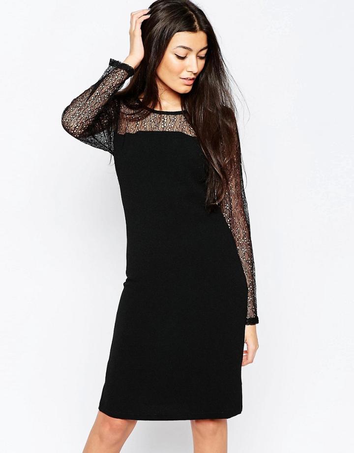 Ichi Bodycon Dress With Sheer Sleeves - Black