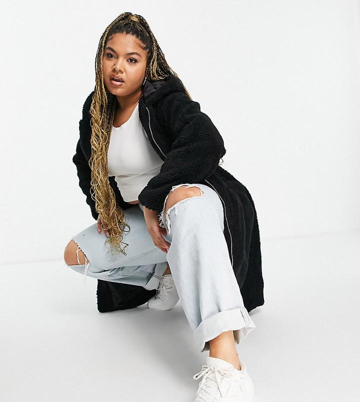 Threadbare Plus Penguin Oversized Hooded Borg Coat In Black-white