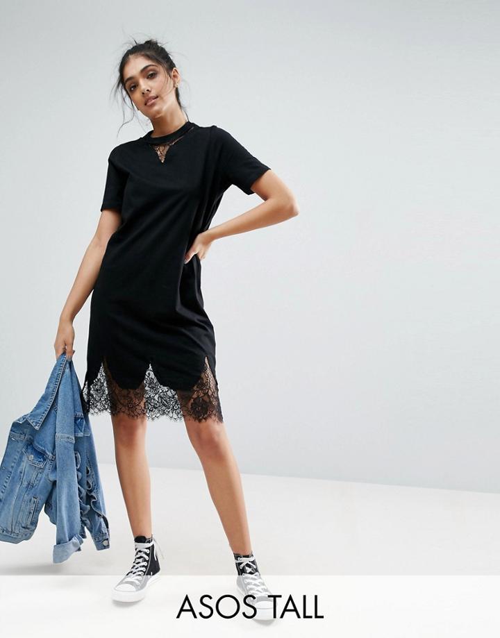 Asos Tall T-shirt Dress With Lace Inserts - Black