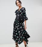Influence Tall Asymmetric Floral Midi Tea Dress With Open Back Detail - Black