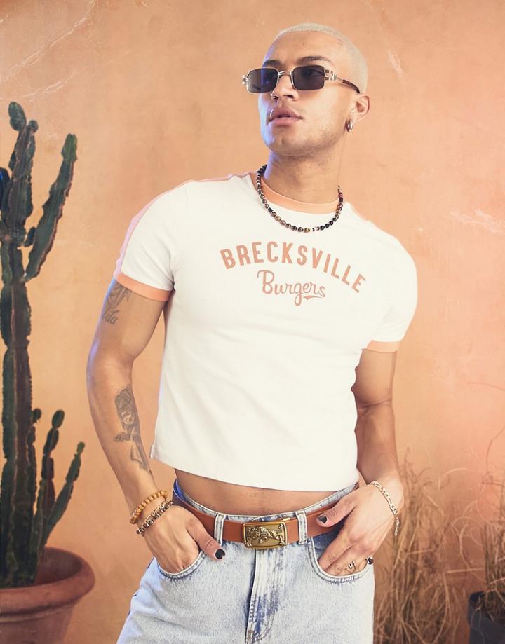 Asos Design Cropped T-shirt In White With Orange Color Block And City Print