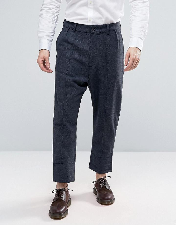 Asos Drop Crotch Cropped Herringbone Pants With Heavy Turn Up - Blue
