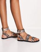 Asos Design Frida Leather Flat Sandals In Snake-multi