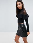 Asos Top With Mesh And Ruffle Detail - Black