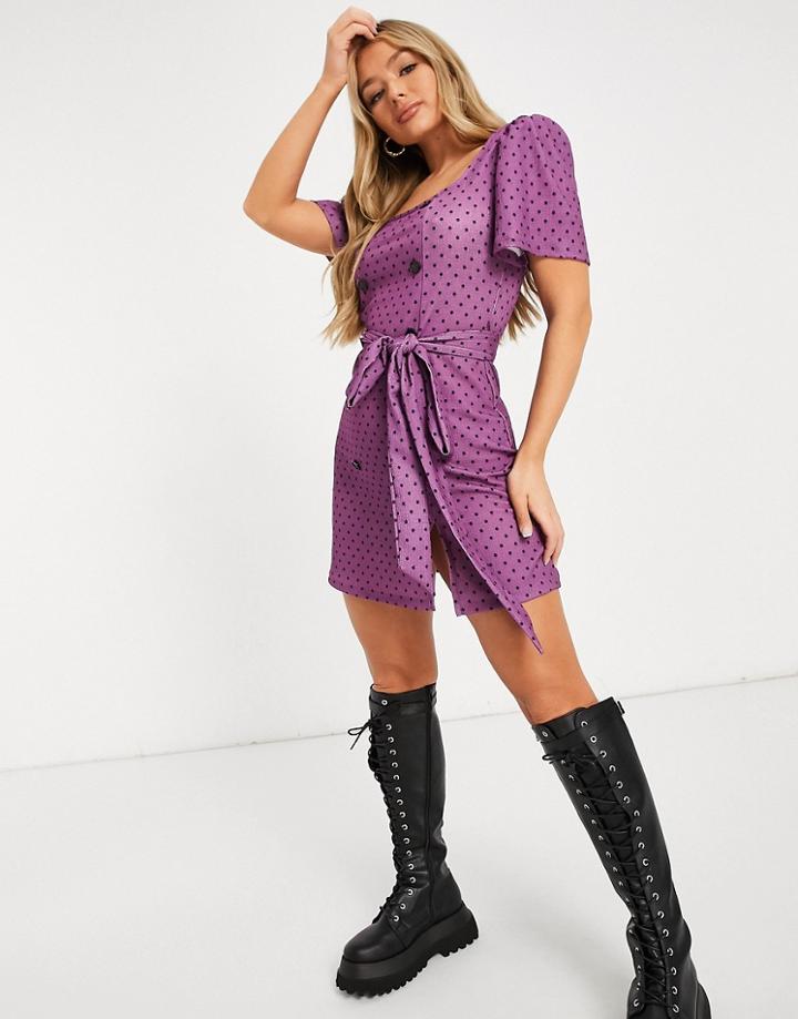 Asos Design Mini Square Neck Dress Padded Shoulder With Button Detail And Belt In Purple Spot