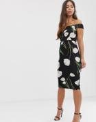 Ax Paris Bardot Midi Dress In All Over Floral Print - Black