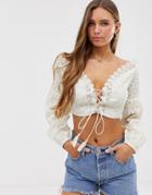 Glamorous Crop Milkmaid Top With Lace Up Front In Broderie-white
