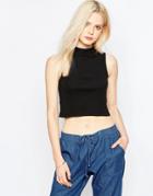 Brave Soul Cropped Sleeveless Turtleneck Tank Top - Black