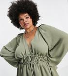 Asos Design Curve Long Sleeve V Neck Top With Kimono Sleeve And Tie Front In Khaki-green