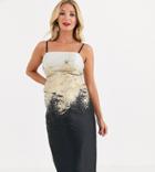 Little Mistress Maternity Metallic Jaquard Midi Pencil Dress In Gold-black