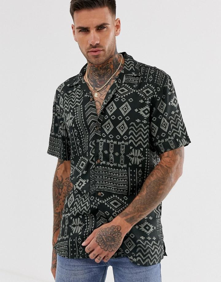 Pull & Bear Revere Collar Shirt In Khaki Print-green