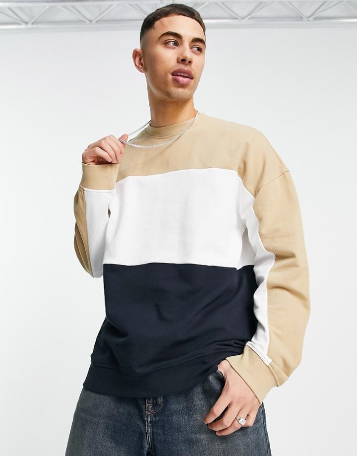 Only & Sons Oversized Color Block Sweatshirt In Beige And Black-neutral