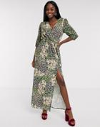 Never Fully Dressed Wrap Maxi Dress With High Thigh Split In Green Floral Print-multi