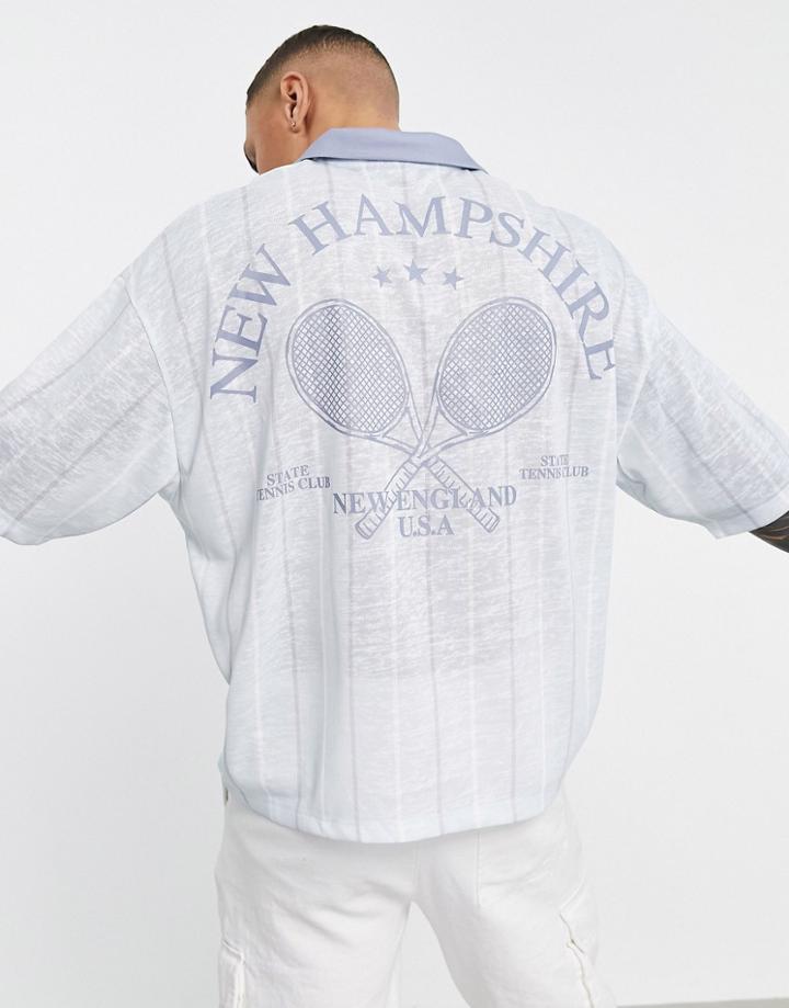 Asos Design Oversized Short Sleeve Stripe Polo T-shirt With Sports Print-blues