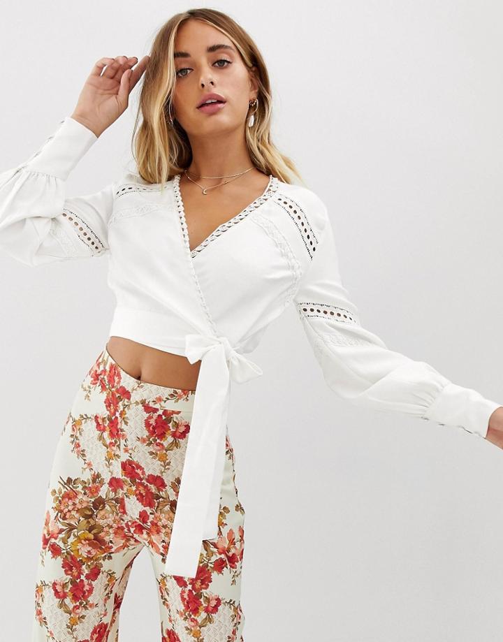 Hope & Ivy Plunge Cutwork Lace Wrap Front Crop Top In Ivory - White