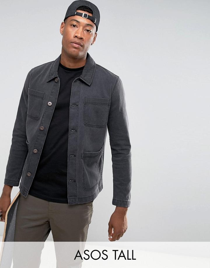 Asos Tall Denim Worker Jacket In Washed Black - Black