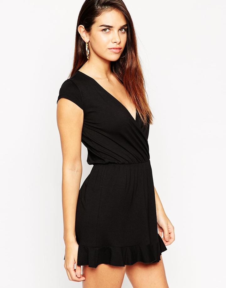Asos Wrap Romper With Frill Hem - Black