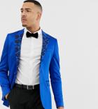 Asos Design Tall Skinny Blazer In Blue Satin With Jacquard Lapel - Blue
