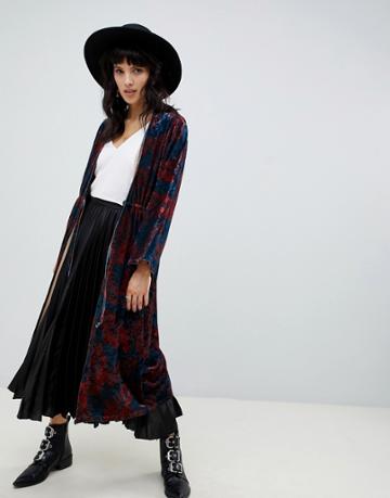 Rd & Koko Longline Velvet Printed Kimono - Navy