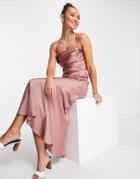 Asos Design Bridesmaid Strappy Satin Cami Maxi Dress With Cowl Front In Toffee-pink