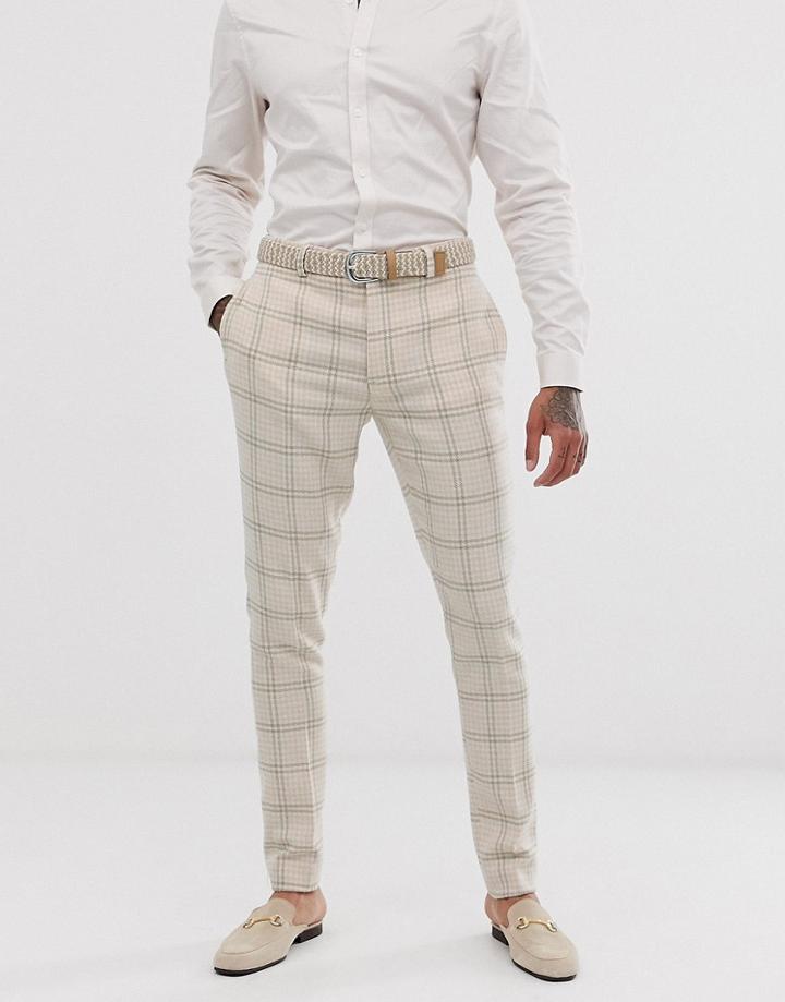 Asos Design Wedding Super Skinny Suit Pants In Cream Wool Blend Houndstooth-beige