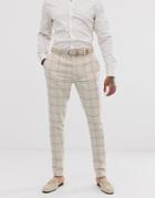 Asos Design Wedding Super Skinny Suit Pants In Cream Wool Blend Houndstooth-beige