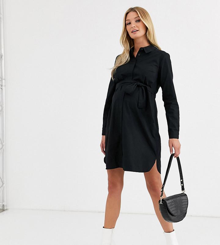Asos Design Maternity Cotton Mini Shirt Dress With Tie Belt In Black