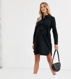 Asos Design Maternity Cotton Mini Shirt Dress With Tie Belt In Black