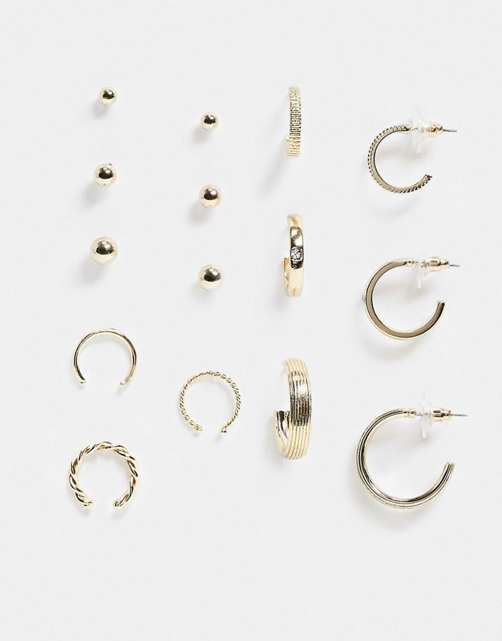 Asos Design Pack Of 9 Earrings In Gold Tone