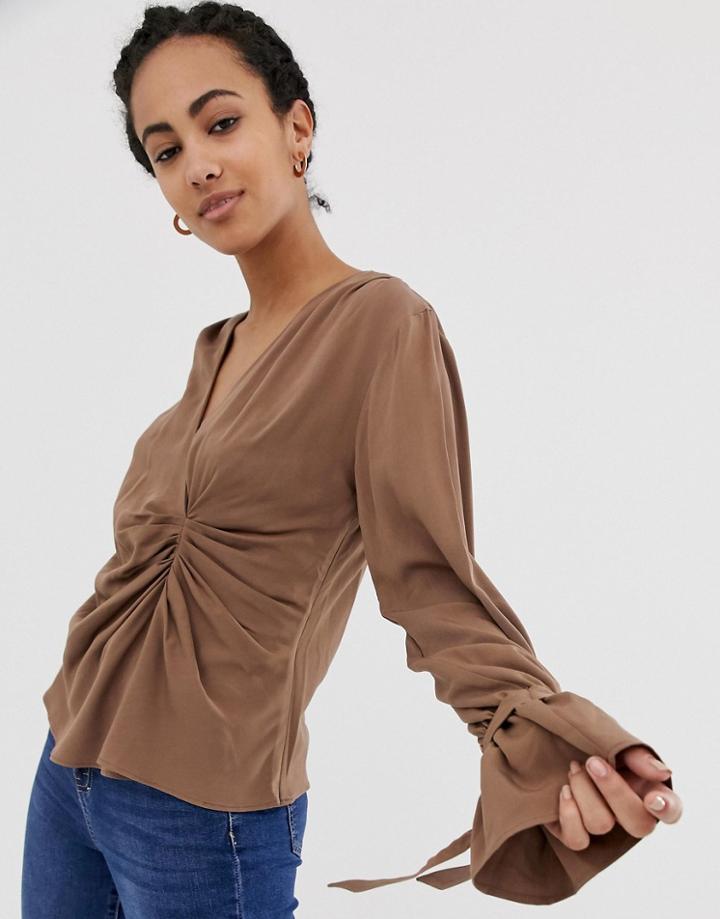 Asos Design Long Sleeve Gathered Drape Front Top - Brown