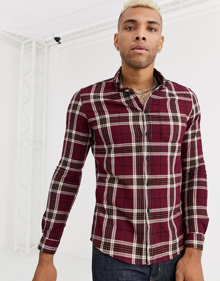 Asos Design Slim Stretch Check Shirt In Burgundy