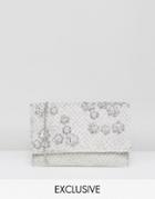 Amelia Rose Grid Floral Embellished Clutch Bag - Silver