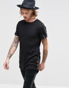 Asos Super Longline Muscle T-shirt In Rib With Popper Curved Hem In Black - Black
