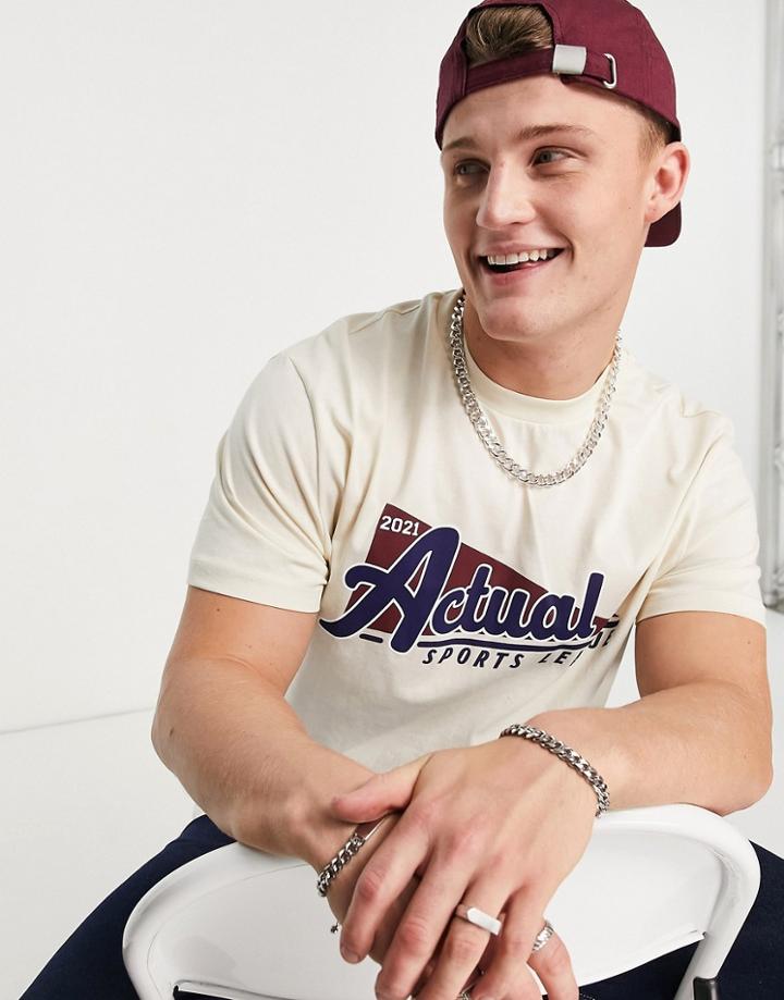 Asos Actual Regular T-shirt With Flag Logo Graphic In Ecru-white