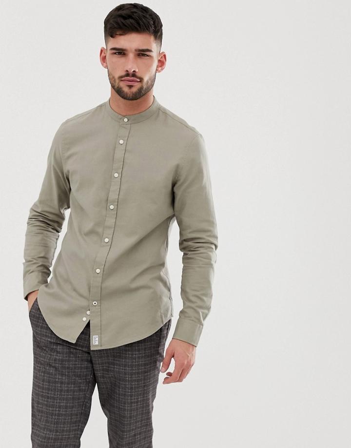 Bershka Shirt With Grandad Collar In Khaki-green