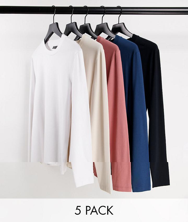 Asos Design 5 Pack Organic Muscle Long Sleeve T-shirt In Multi