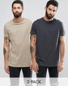 Asos 2 Pack Longline T-shirt Save 18% In Beige/black