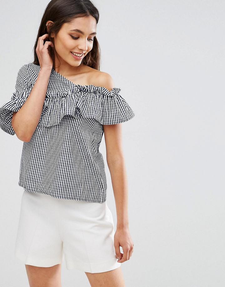 Qed London Gingham Frill Shoulder Top - Navy