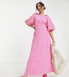 Asos Design Petite Open Back Puff Sleeve Maxi Dress In Textured Pink Gingham-multi