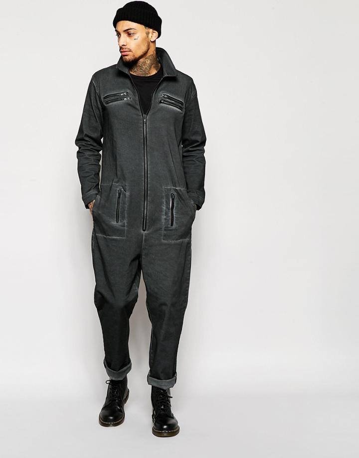 Asos Slim Boiler Suit In Oil Wash With Biker Detail - Charcoal