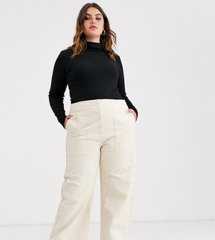 Asos Design Curve Cropped Wide Leg Carpenter Jeans In Ecru With Contrast Stitch-cream