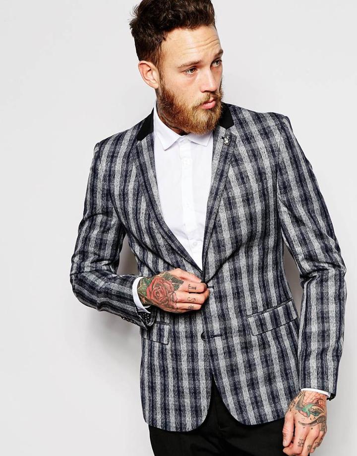 Asos Slim Suit Jacket In Check - Black