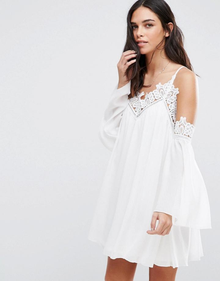Parisian Cold Shoulder Smock Dress With Crochet Detail - White