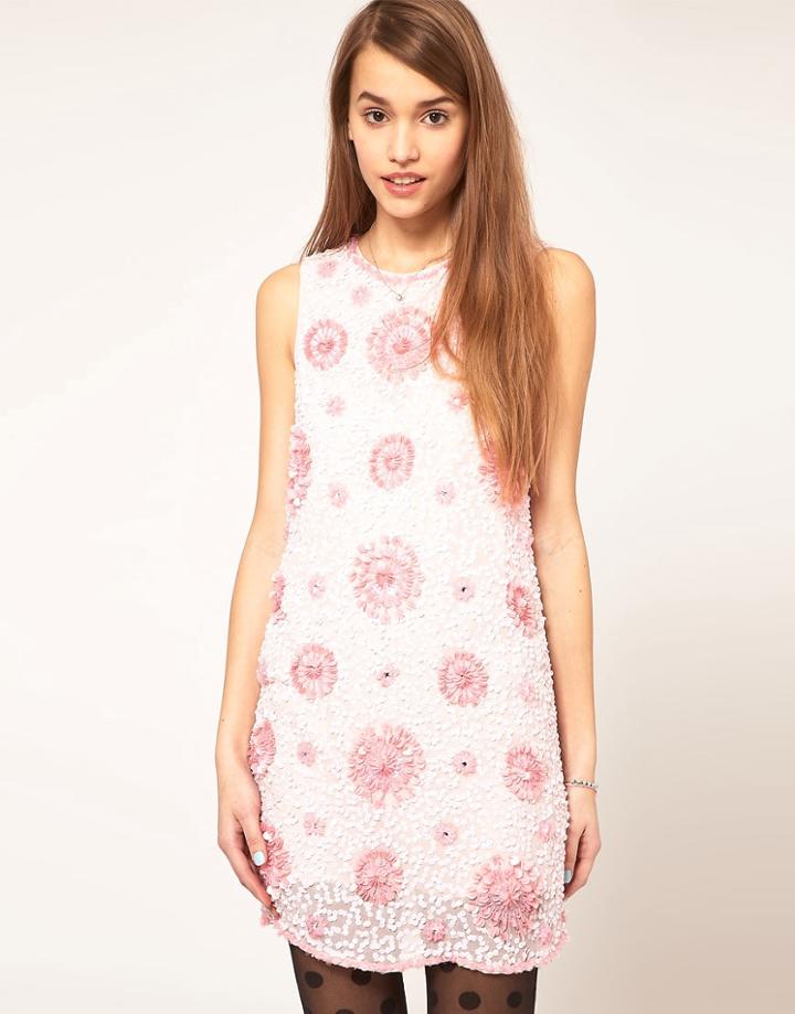 Asos Shift Sequin Dress With Pink Flowers - Pink
