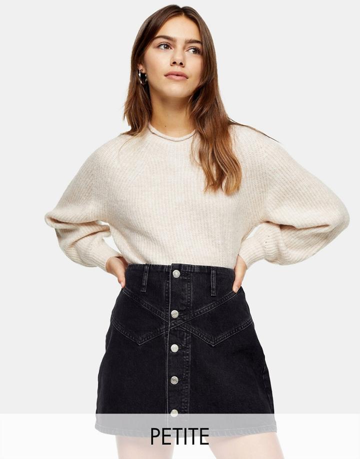 Topshop Petite Button Front Denim Mini Skirt In Black