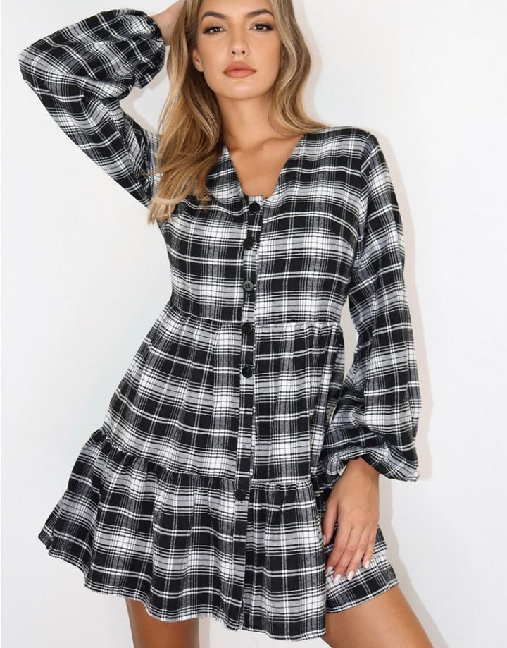 Missguided Button Through Smock Dress In Black Check