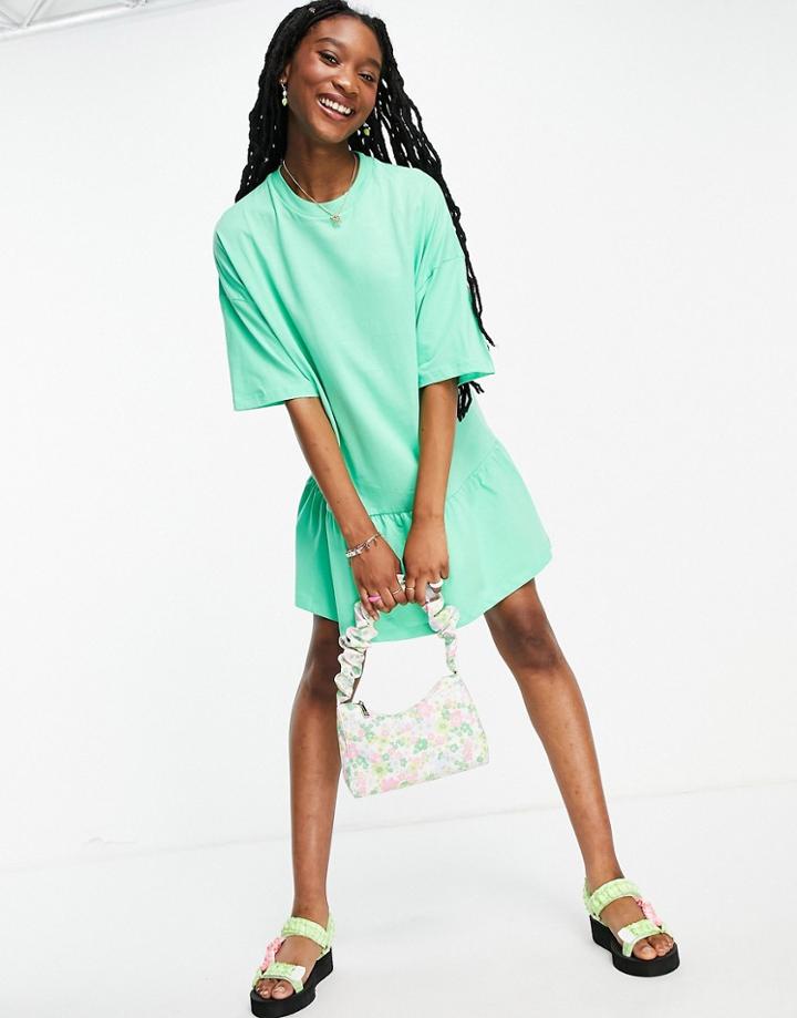 Asos Design Oversized T-shirt Dress With Frill Hem In Green