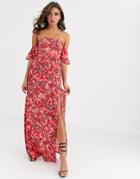 Koco & K Off Shoulder Maxi Dress With Thigh Split In Red Leaf Print-multi