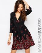 Asos Tall Button Through Skater Dress With Embroidery - Black